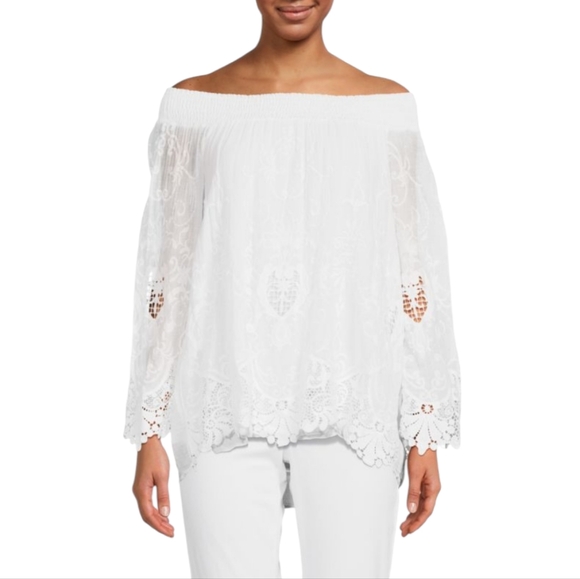 Saks Fifth Avenue Small Embroidered Bardot Top White Resortwear Coastal Chic - Picture 1 of 13